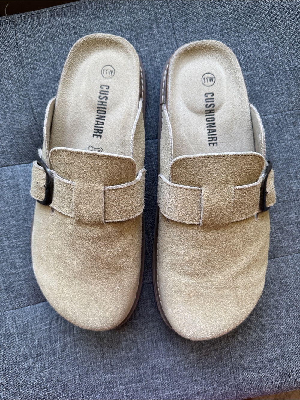 Cushionaire Suede Buckle Slip-On Mule in Tan